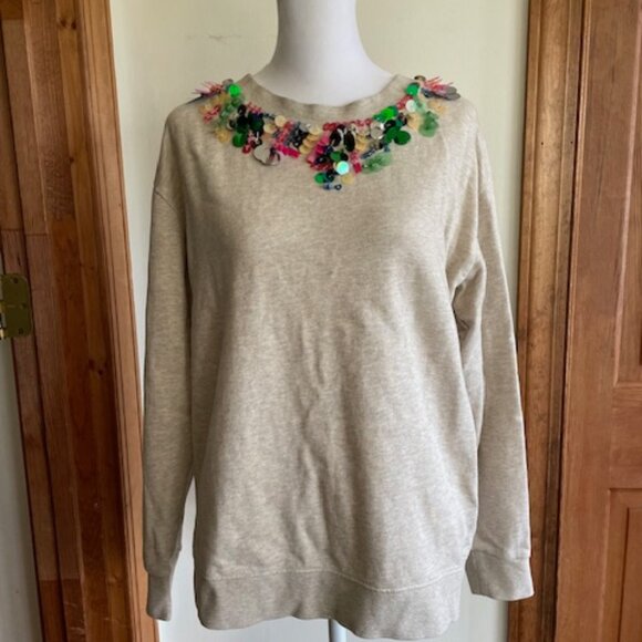 J. CREW Embellished Beaded Sweatshirt Oatmeal Mermaid M - Picture 2 of 16